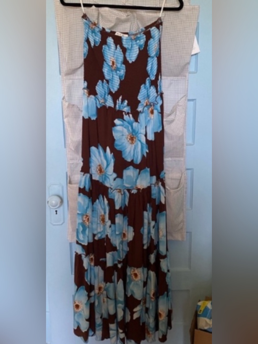 Brown Maxi strapless Sundress with Blue Floral Print BRAND NEW